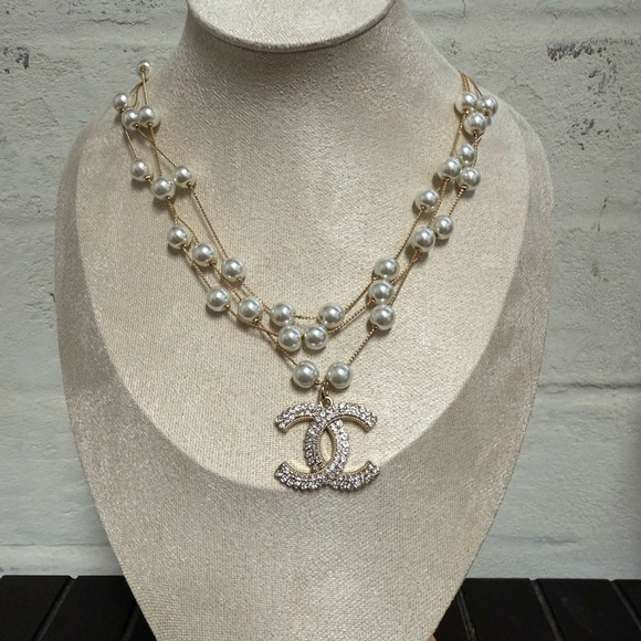 Upcycled Chanel Layered Pearl Necklace with rhinestone pendant. - Picture 1 of 4